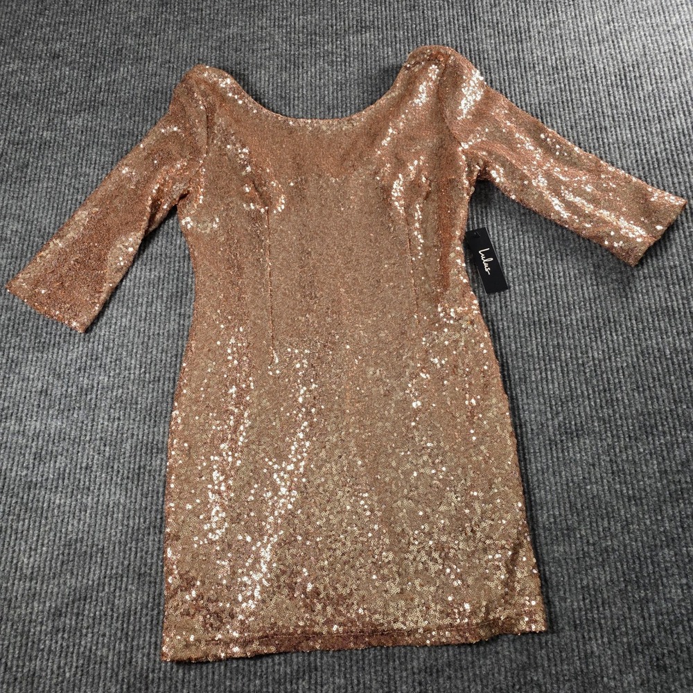 Lulus Rose Gold Sequin Mini Dress XL 3/4‎ Sleeve Scoop Neck Cocktail Party New